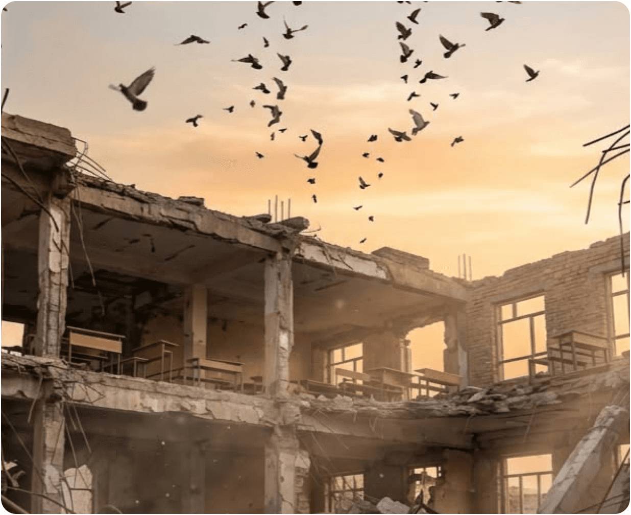 مبنى مدمر تحلق فوقه الطيور عند الغروب